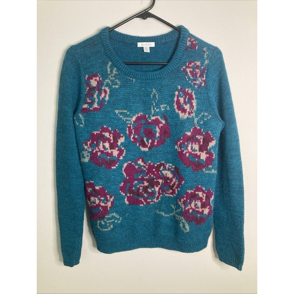 Garnet Hill Intarsia Sweater Teal Magenta Roses Wool Blend Small